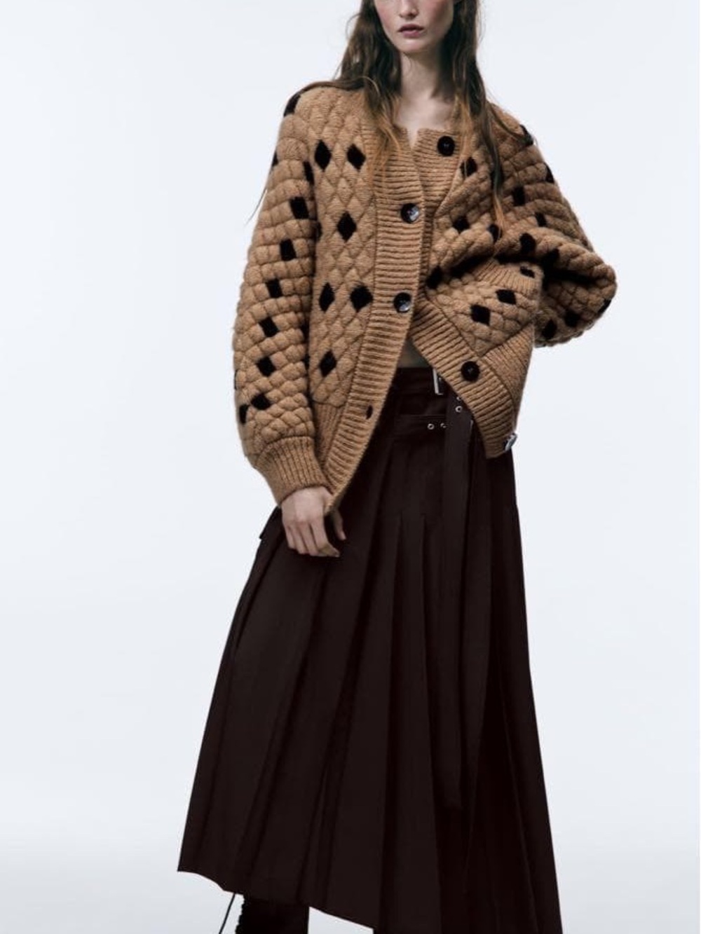 Chunky Camel Knit Cardigan with Black Diamond Detail